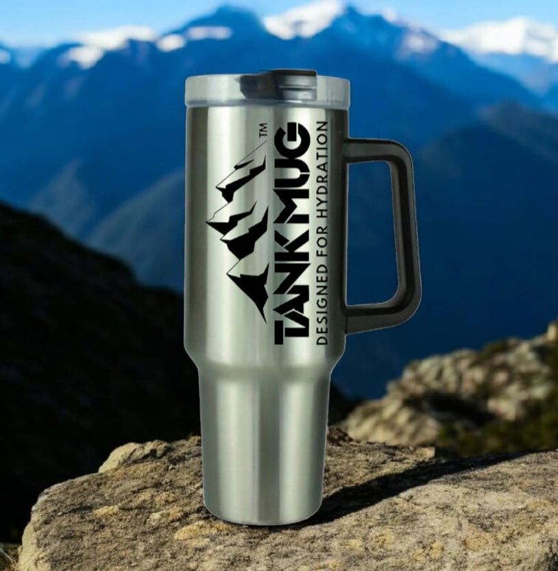 40 oz brushed stainless steel insulated Tank Mug brand with handle and screw on lid