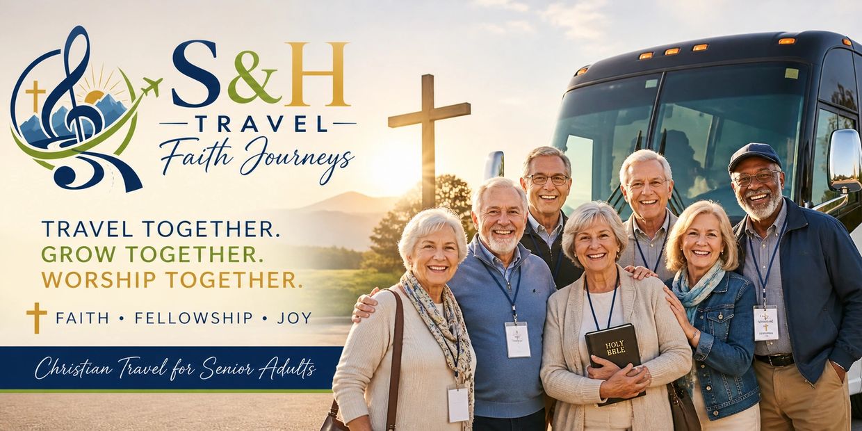 A group of smiling seniors with a Bible in front of a tour bus and cross.