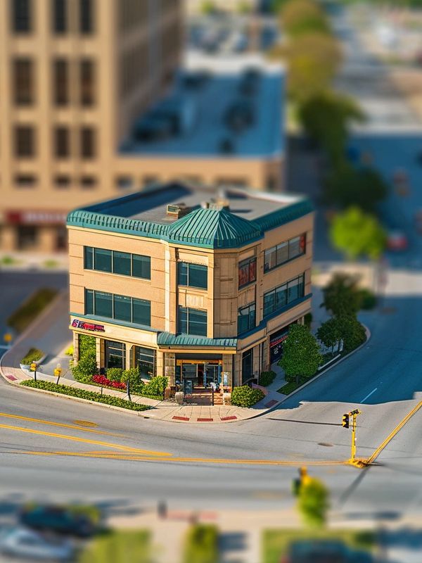 A miniature-looking, very small two-story office building in a busy city setting, captured in tilt-s