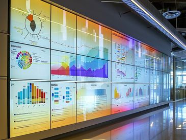 Ultra-modern display wall in a futuristic data analysis lab, featuring colorful 3D bar graphs