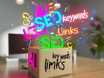 Vibrant 3D-rendered image of colorful SEO terms like 'SEO' in electric blue, 'keywords' 