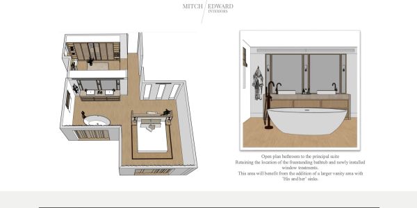 3D floor plan and bathroom elevation of a principal suite with freestanding bathtub.