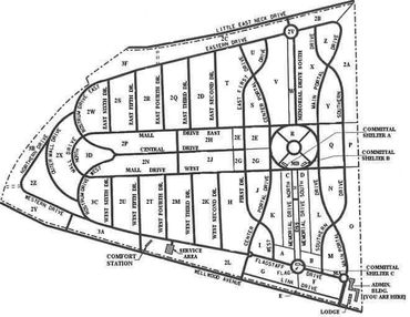 Black and white map of a residential area layout with labeled streets and lots.