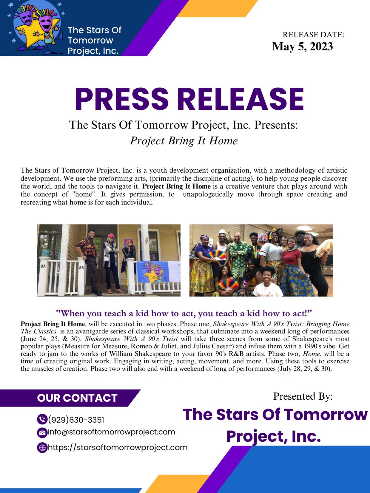Press release for The Stars Of Tomorrow Project's artistic youth development program, Project Bring It Home.