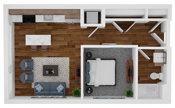 Top-down view of a modern one-bedroom apartment layout with kitchen, living area, bedroom, and bathroom.
