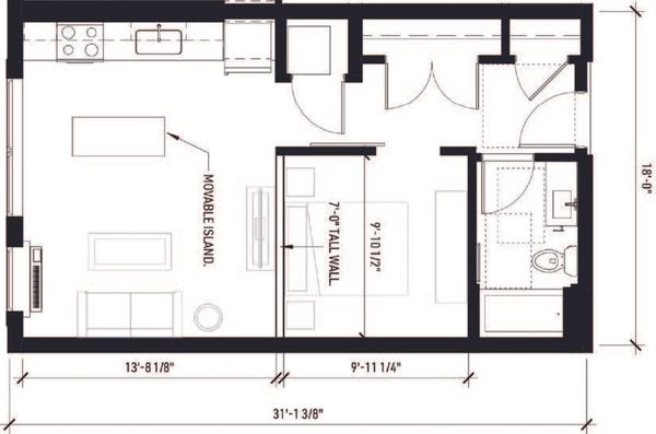 Floor plan of a compact apartment with kitchen, living area, bedroom, and bathroom.