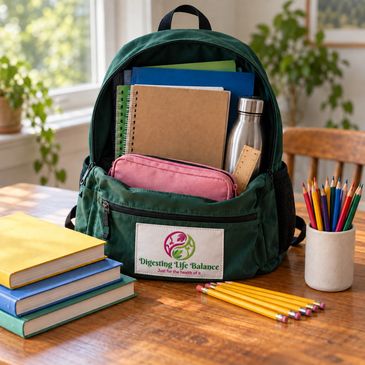 Digesting Life Balance branded backpack with school supplies
