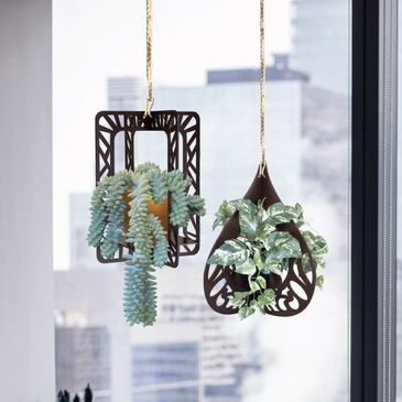 Laser Cut 2 walnut plant hangers with shelf for hanging plants terrariums succulents airplants moss