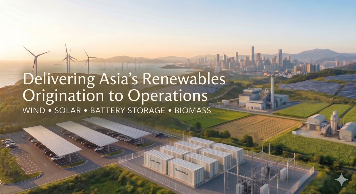 Renewable energy infrastructure with wind turbines and solar panels in Asia.