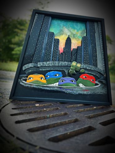 Teenage Mutant Ninja Turtles peeking from a sewer in a cityscape illustration.