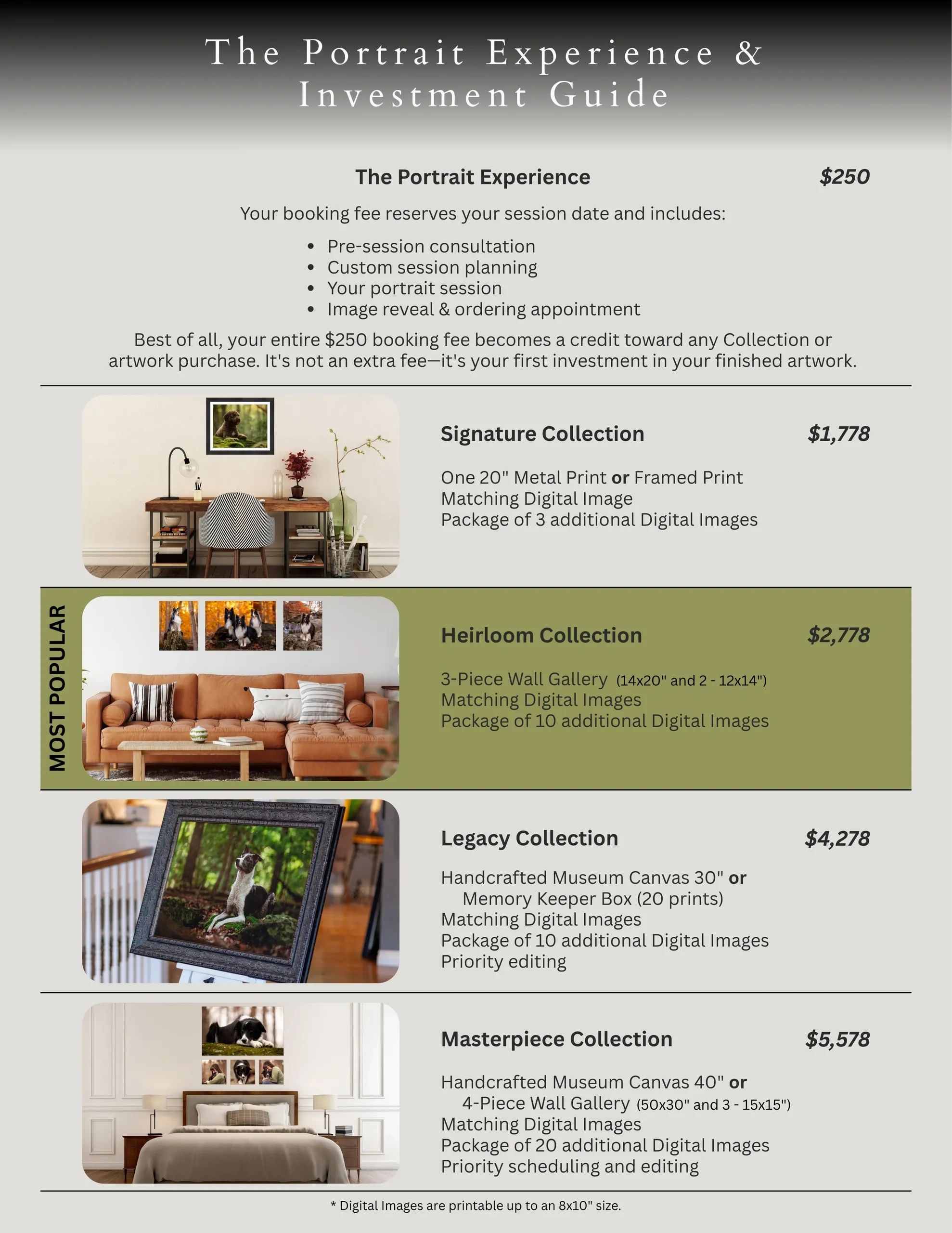 Portrait photography pricing and packages guide with images.