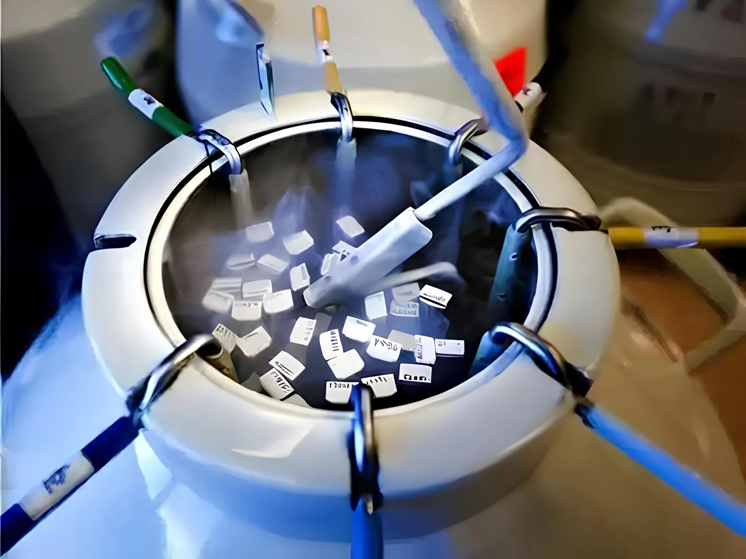 Cryogenic storage tank with labeled samples inside, surrounded by cooling rods.