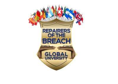 Logo of Repairers of the Breach Global University with international flags.