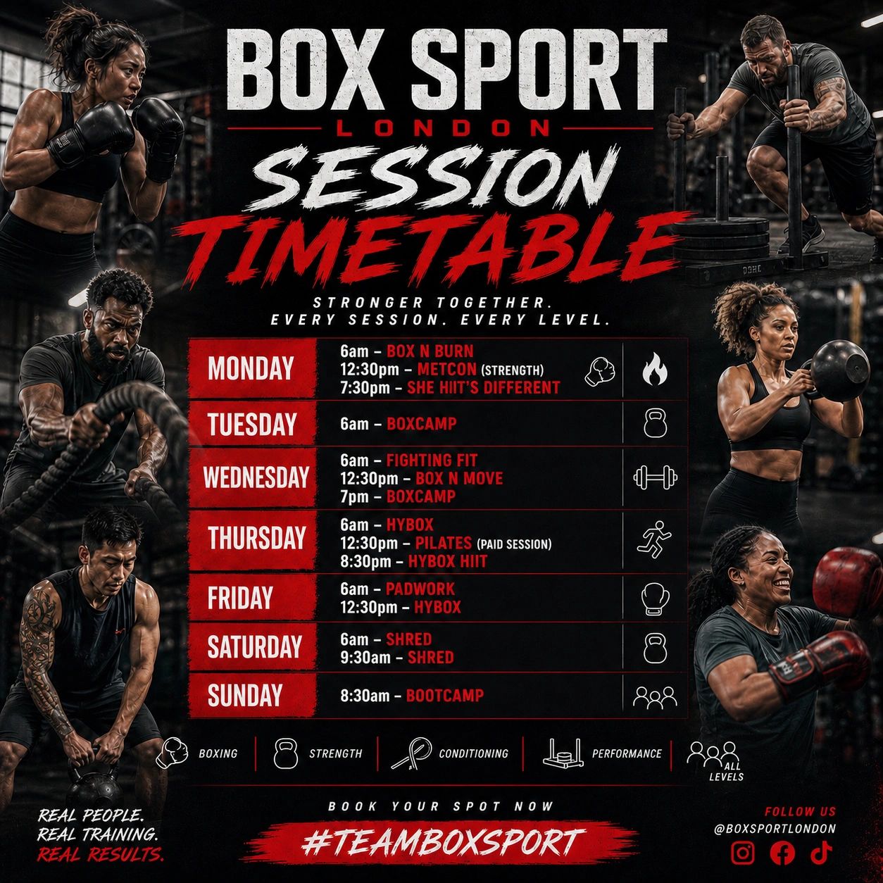 Box Sport London session timetable with daily fitness classes and motivational imagery.