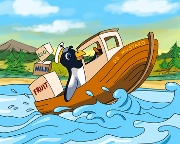 Pickles Penguin piloting the boat SS Mustard around ZooPops making deliveries.
