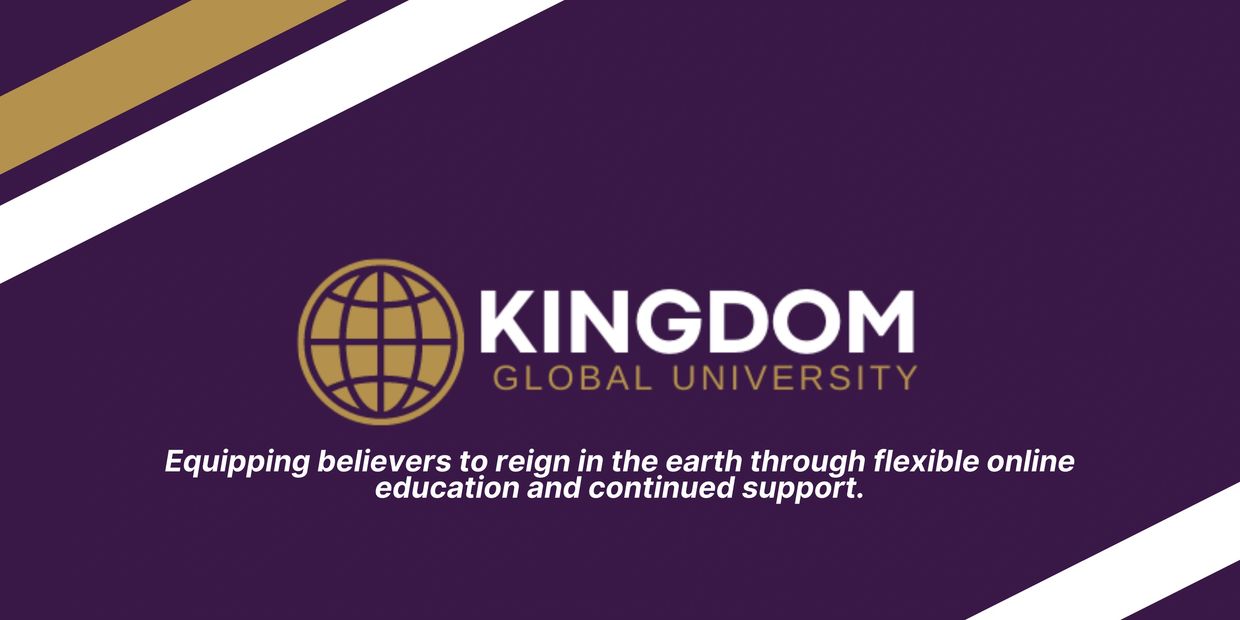 Kingdom Global University logo with a mission statement on a purple background.