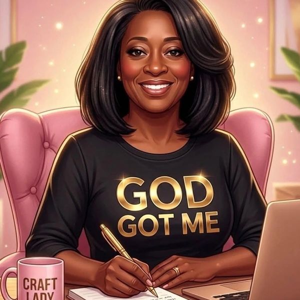 Smiling woman in a 'GOD GOT ME' shirt writing at a desk with a 'CRAFT LADY' mug.