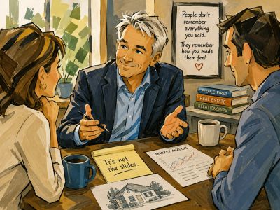 A man explaining real estate market analysis to a couple.