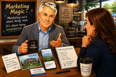 Two professionals discuss marketing strategies over coffee in a cozy office.