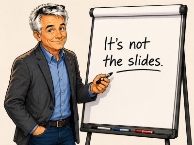 Man pointing to a flipchart with the words "It's not the slides."