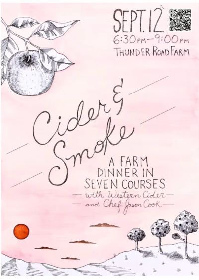 Seven course Farm dinner; pale pink sky with orange sun set low among the apple orchard