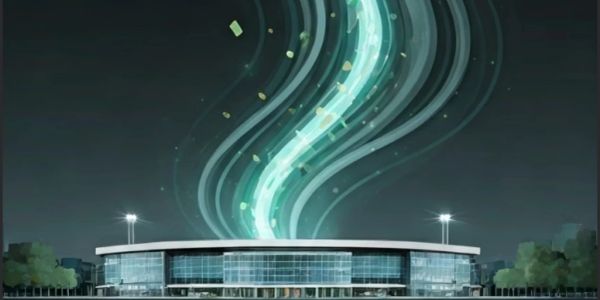 Futuristic stadium with glowing light swirl above it.