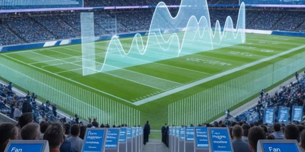 Futuristic football stadium with digital data overlays and fans using tablets.