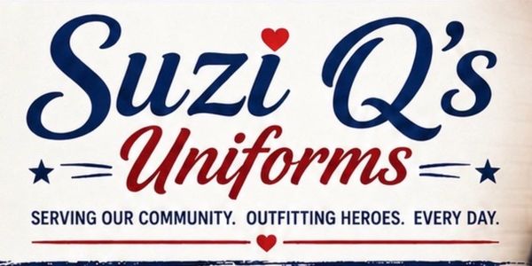 Logo of Suzi Q's Uniforms with a community-focused slogan.