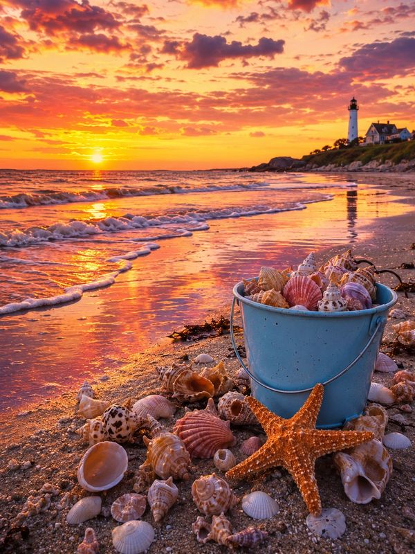 Sunset beach with seashells and starfish near a lighthouse.