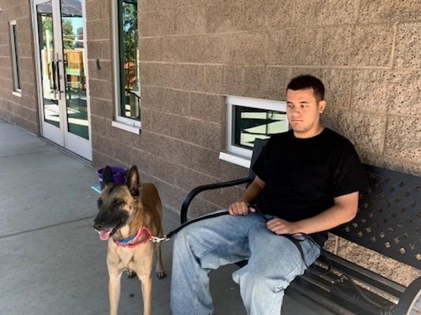 Man sitting on a bench with a dog on a leash.