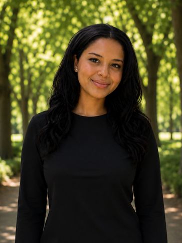 Woman with long black hair standing outdoors, smiling gently.