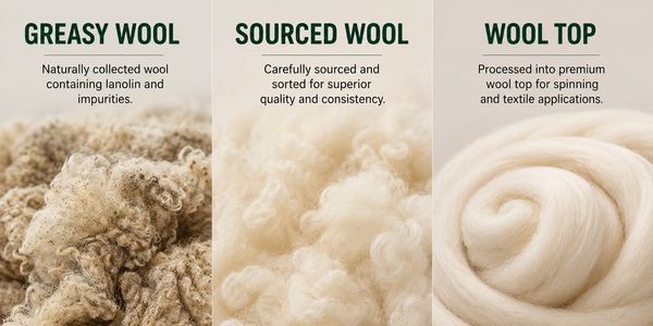 Stages of wool processing from greasy wool to premium wool top.