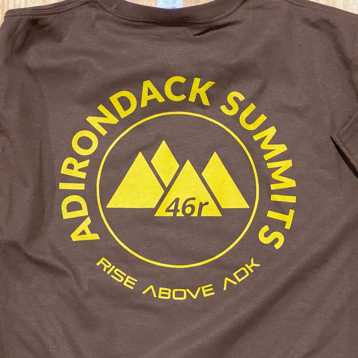 ADIRONDACK SUMMITS Entering Adirondack Park Sign High Peaks T-Shirt Timber  & Bright Gold (front logo