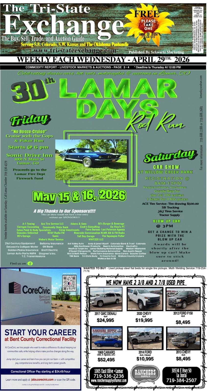 Flyer for 30th Lamar Days Rod Run car event and local vehicle sales ads.