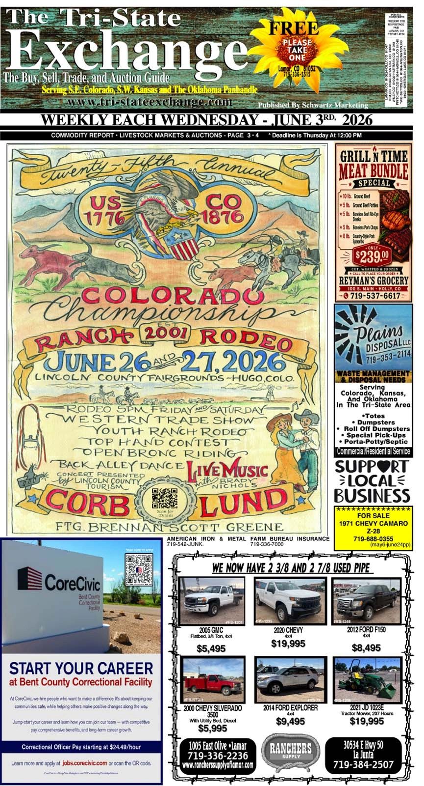 Poster for Colorado Ranch Rodeo event on June 26-27, 2026, with local ads and classifieds.