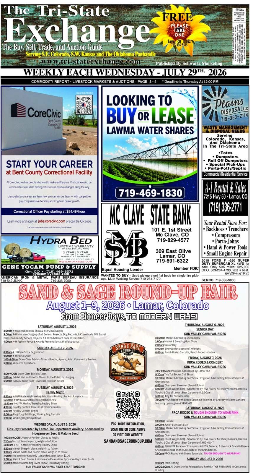 Community newspaper page with job ads, local services, and Sand &amp; Sage Round-Up Fair info for Lamar, Colorado.