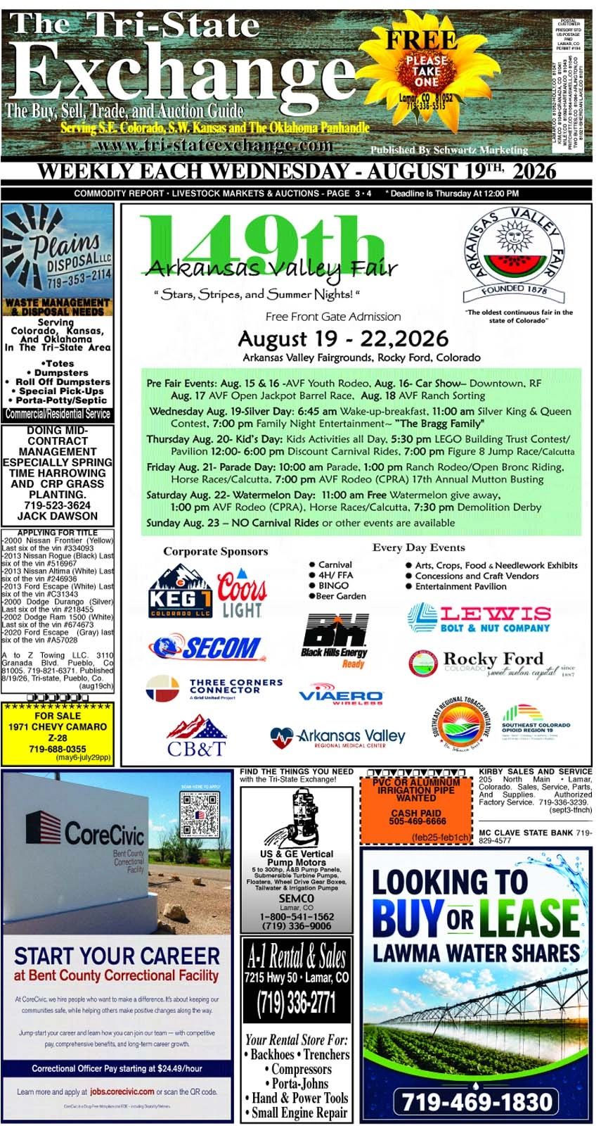 Flyer for the 149th Arkansas Valley Fair with event details and sponsors.