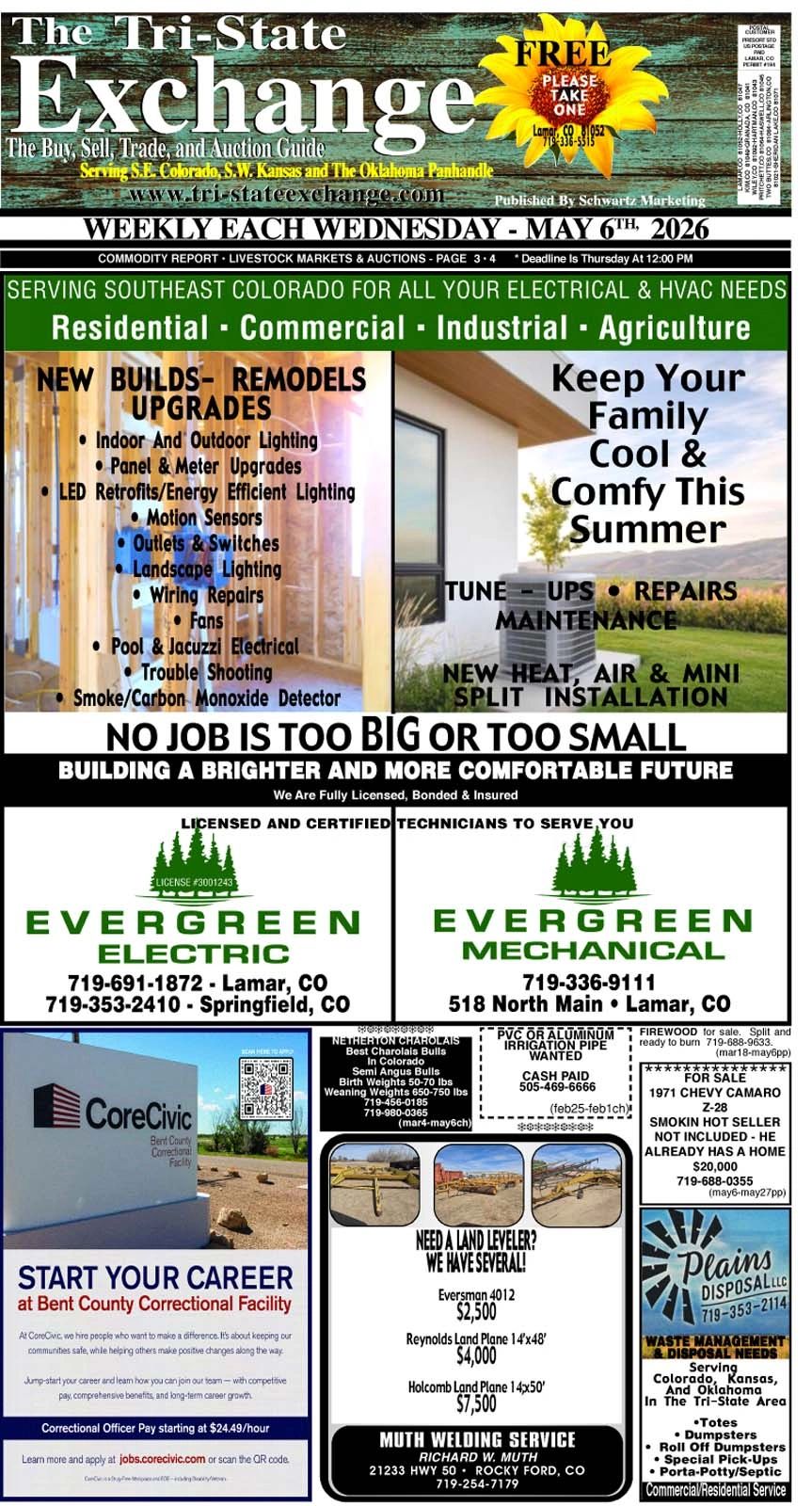 Advertisement page featuring electrical, HVAC services, job opportunities, land levelers, and waste disposal in Southeast Colorado and nearby areas.
