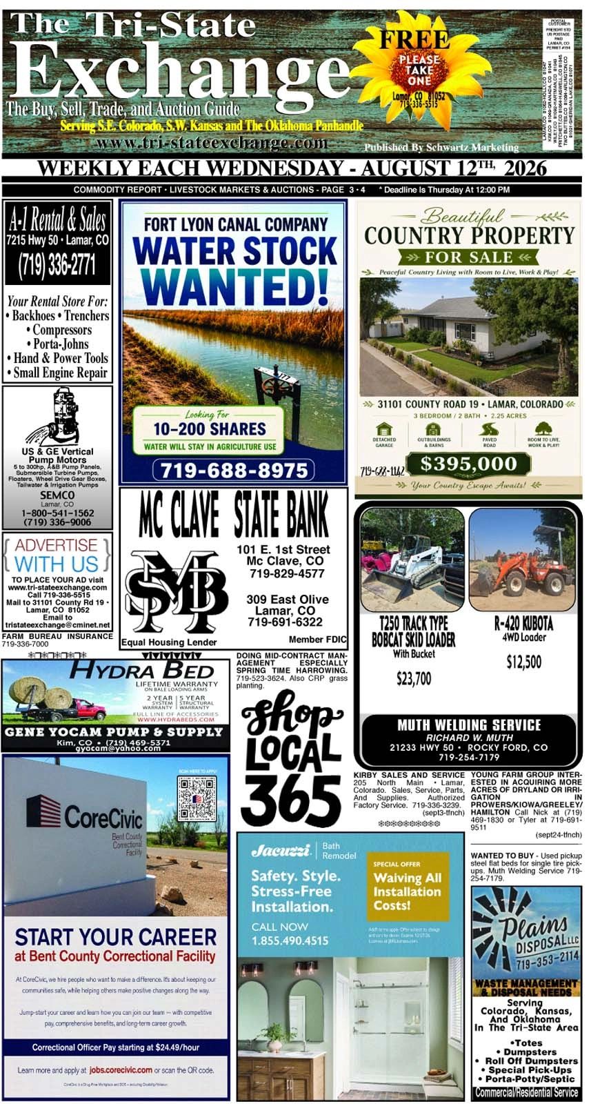Newspaper page with local ads for water stock, property sale, equipment, job opportunities, and services in Lamar, Colorado area.