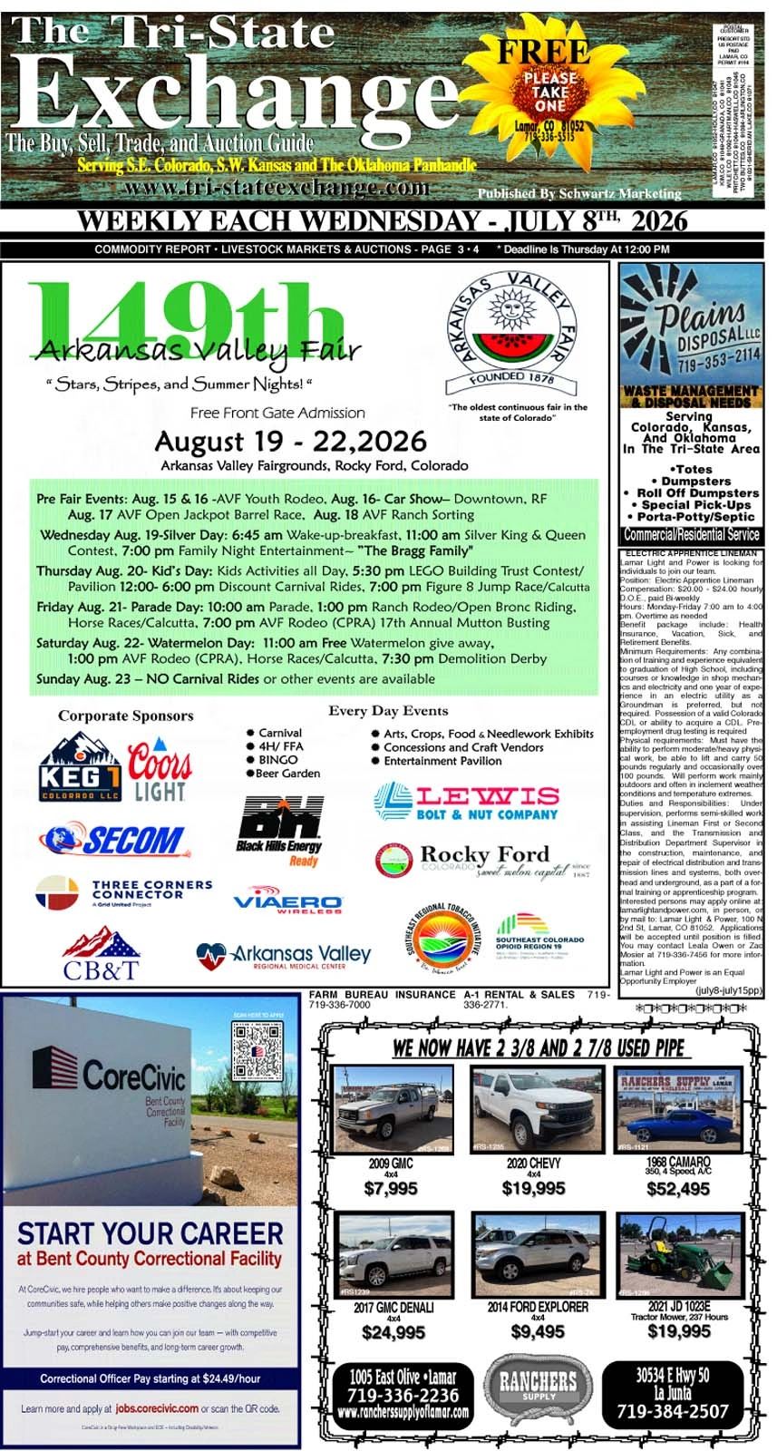 Advertisement for the 149th Arkansas Valley Fair in August 2026 with events, sponsors, and vehicle sales.