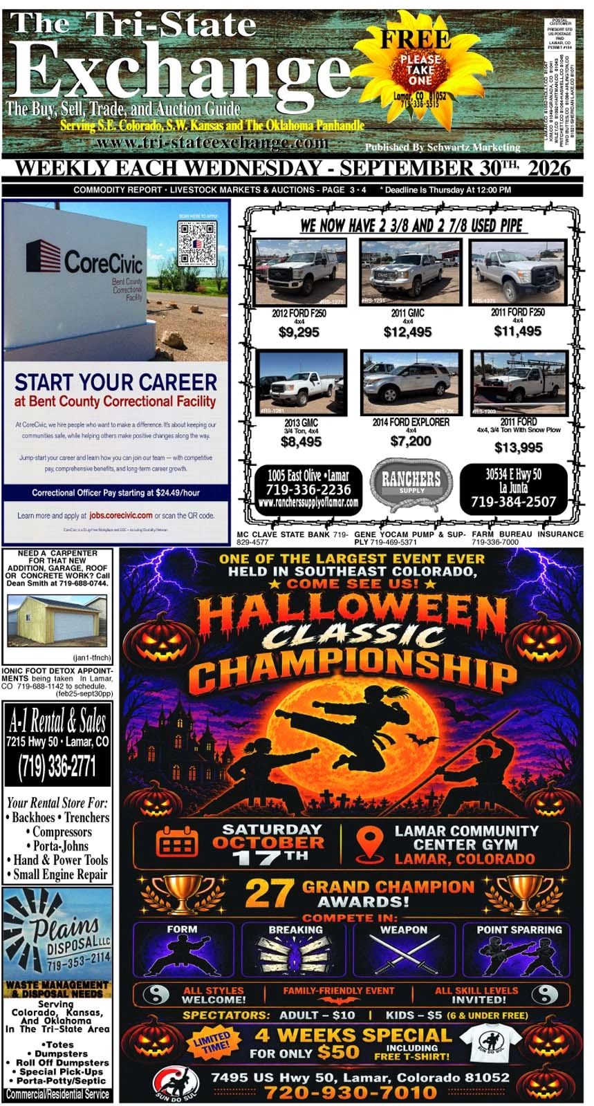 Cover of the Tri-State Exchange newspaper with ads and event details.