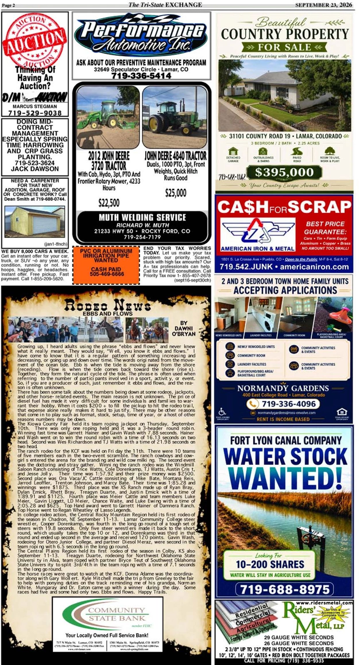 Page from The Tri-State Exchange with various ads and a rodeo news article.