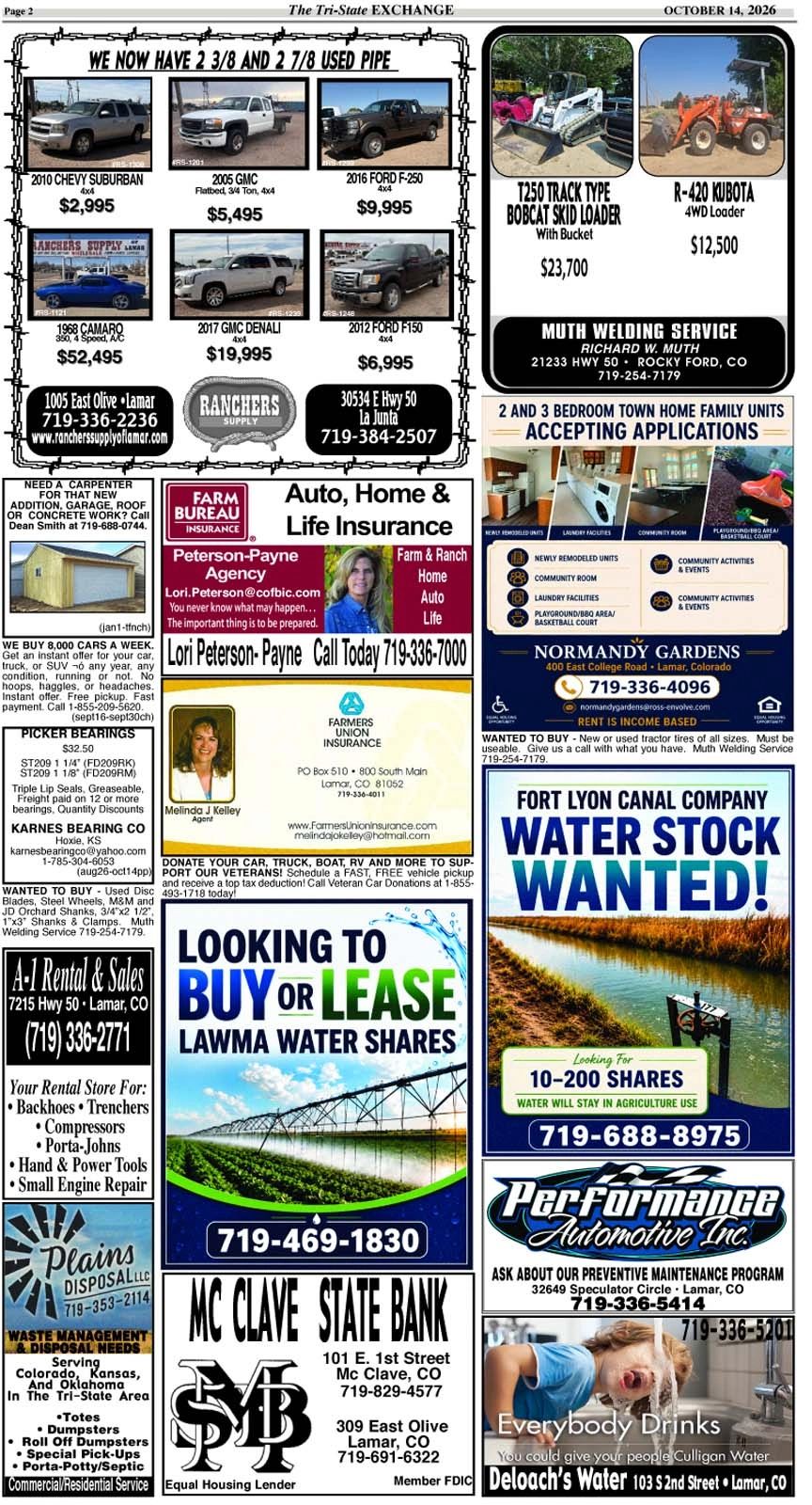 Classified ads for vehicles, machinery, insurance, water shares, and services in The Tri-State Exchange.