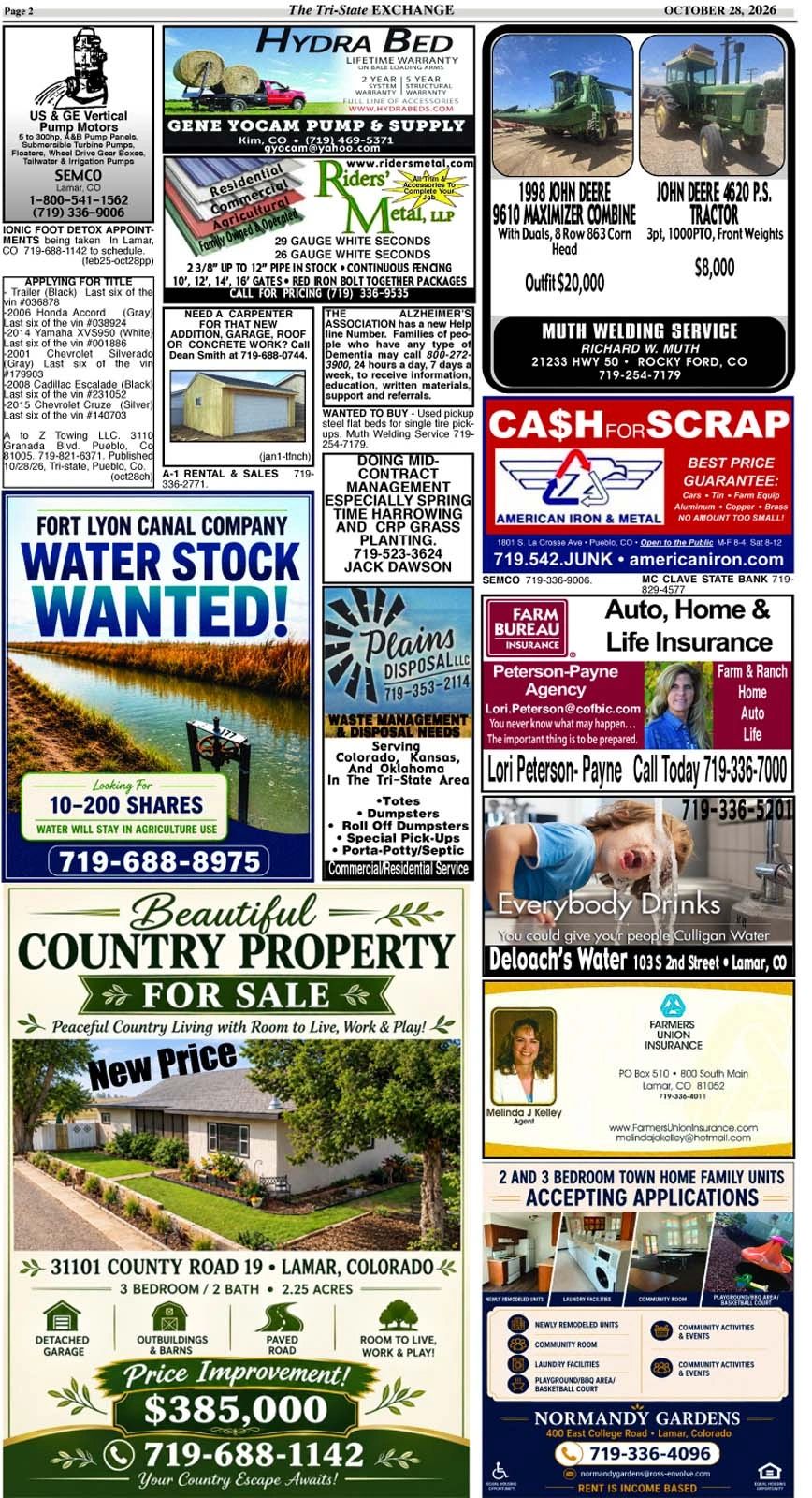 Classified ads for property, machinery, services, and insurance in Lamar, Colorado.
