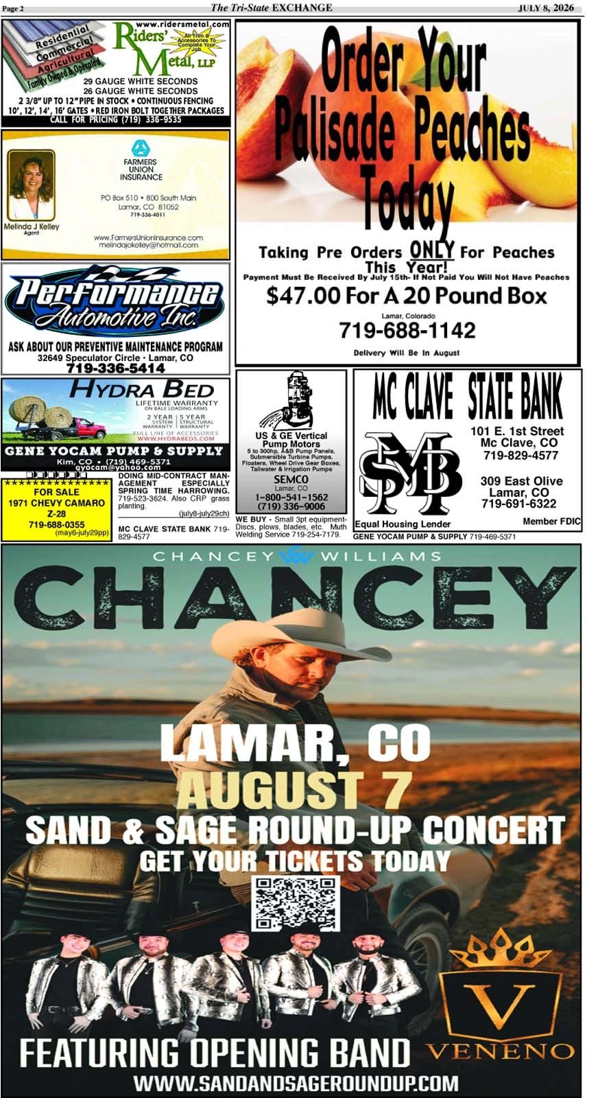 Ads for peaches, automotive services, insurance, pumps, bank, and a concert in Lamar, CO.