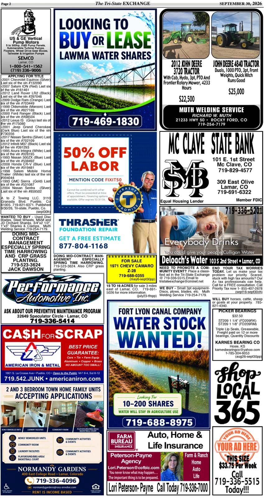 Various local advertisements including farm equipment, water shares, and insurance.