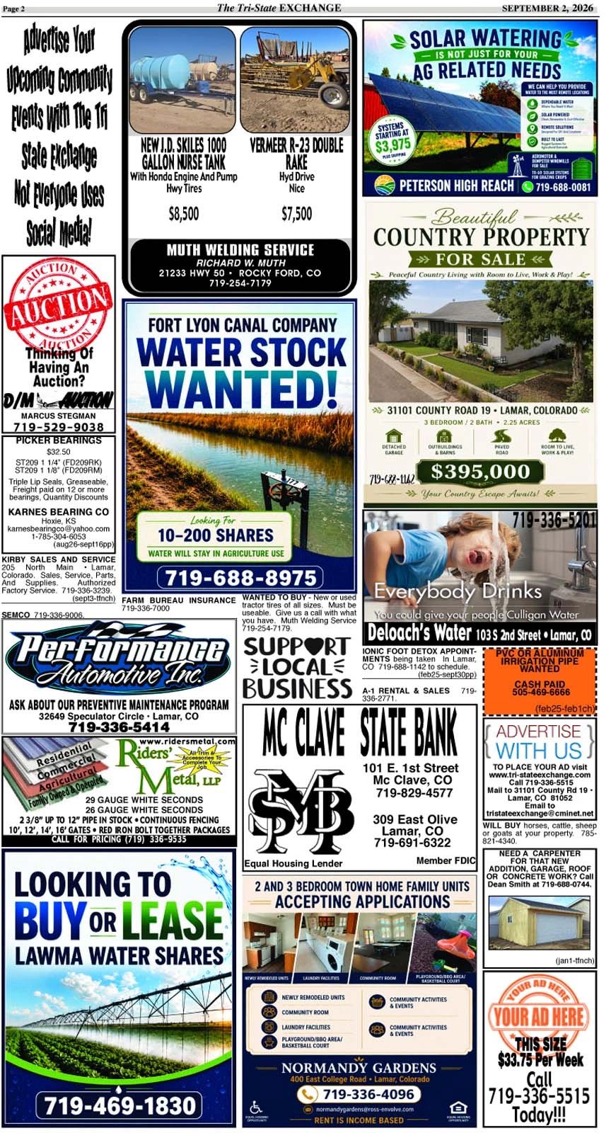 Page of community ads with water shares, property sales, and services in Lamar, Colorado.