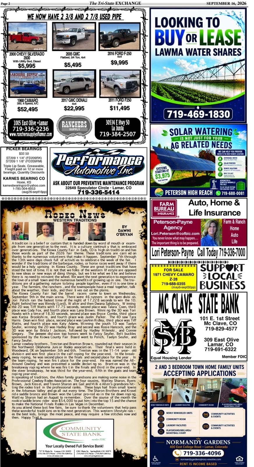 Page from The Tri-State Exchange with vehicle ads, insurance, solar watering, and local news.