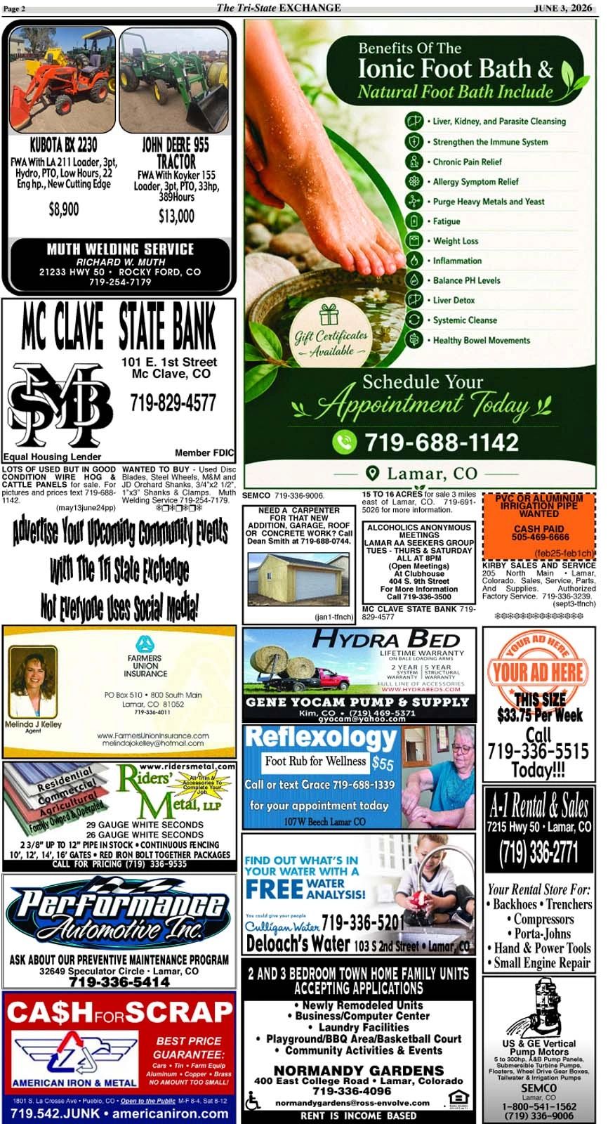 A newspaper page featuring local ads for farming equipment, services, wellness, and rentals in Lamar, CO.