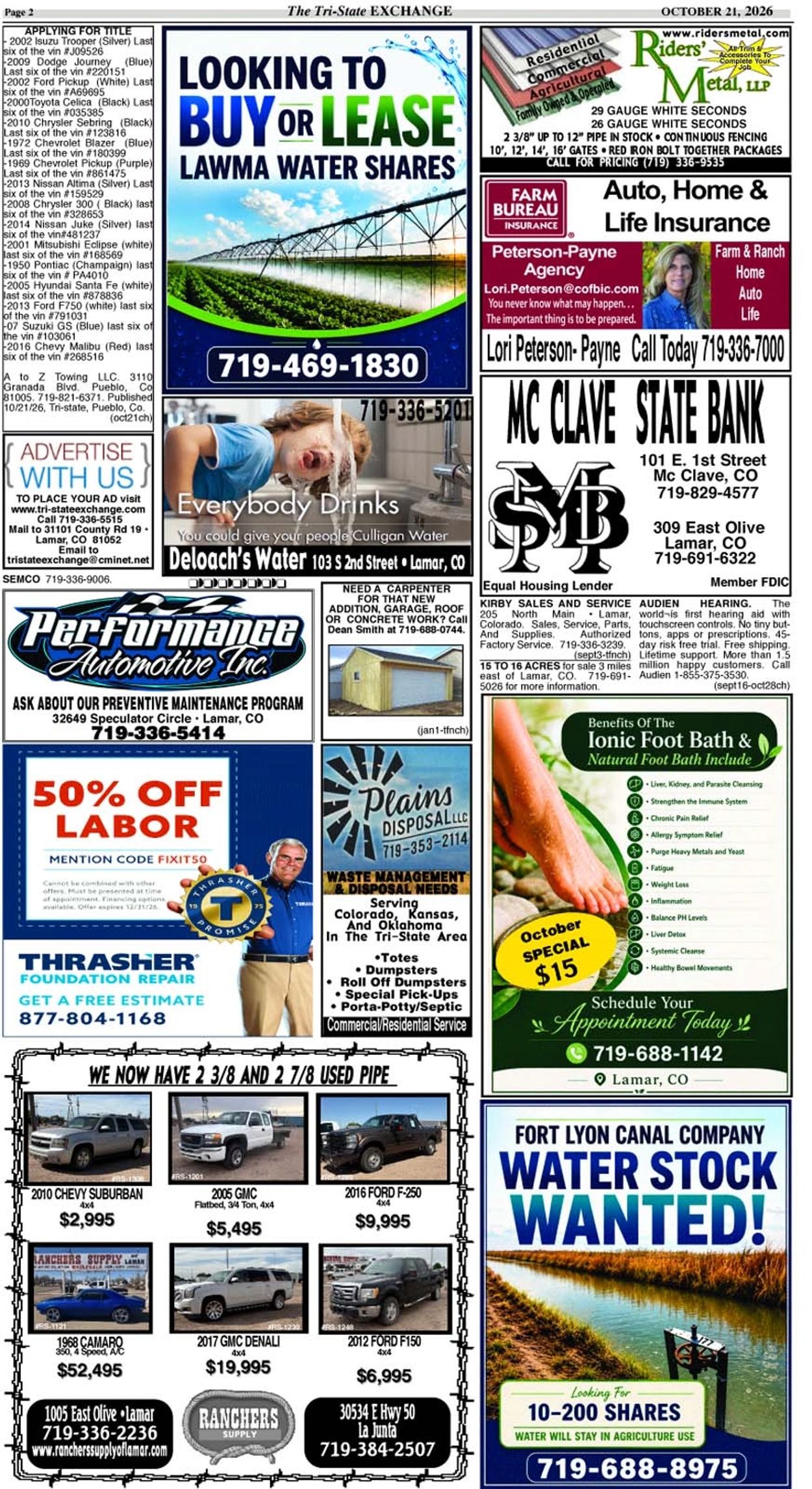 Various local advertisements including water shares, automotive sales, and insurance.